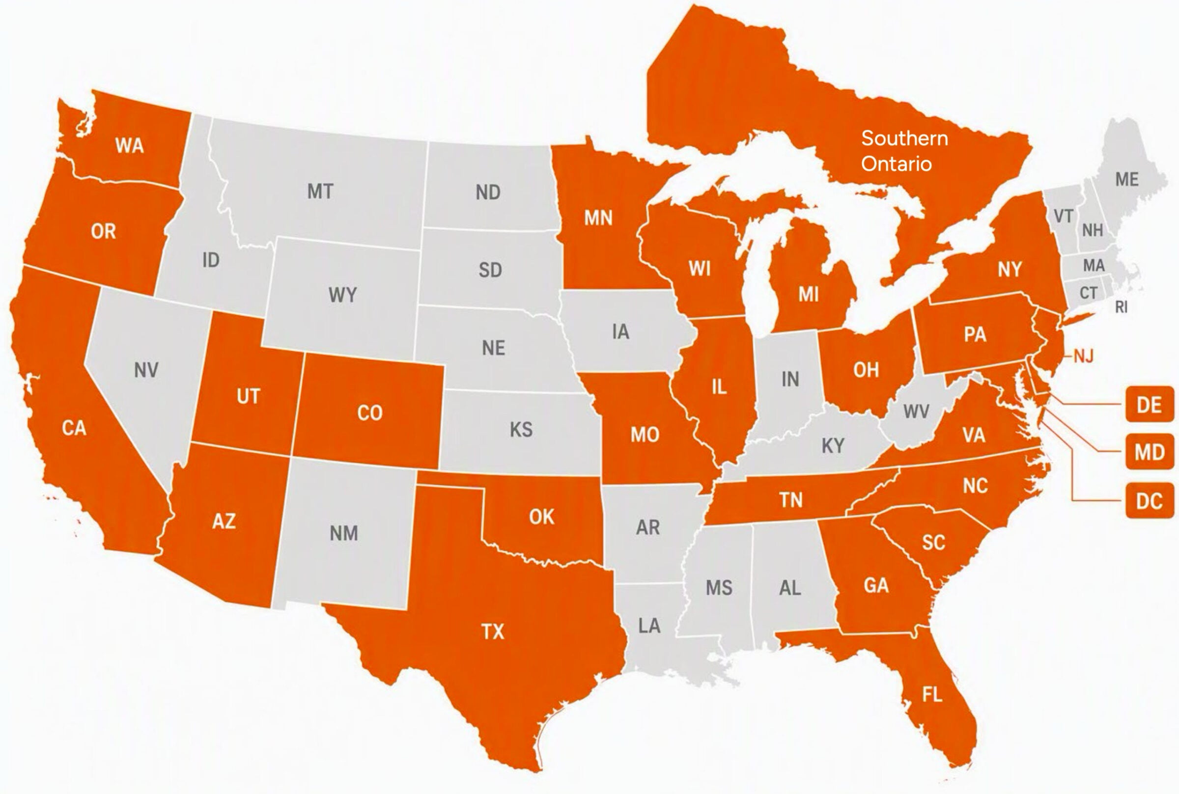 Map of US states and Southern Ontario highlighted in orange.