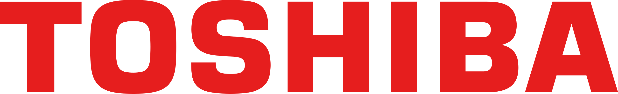 Red Toshiba logo on black background.