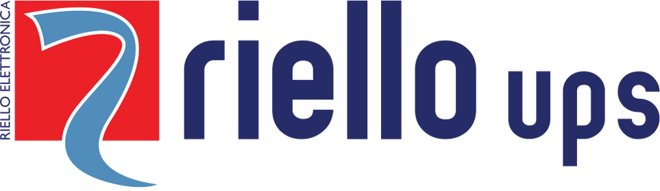Riello UPS logo with red square and blue stylized 'R'