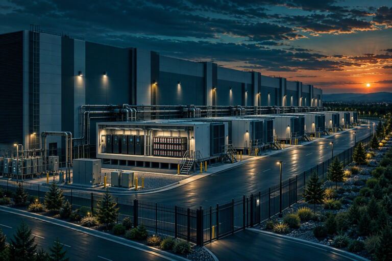 Data center building exterior with external power supply units at sunset.