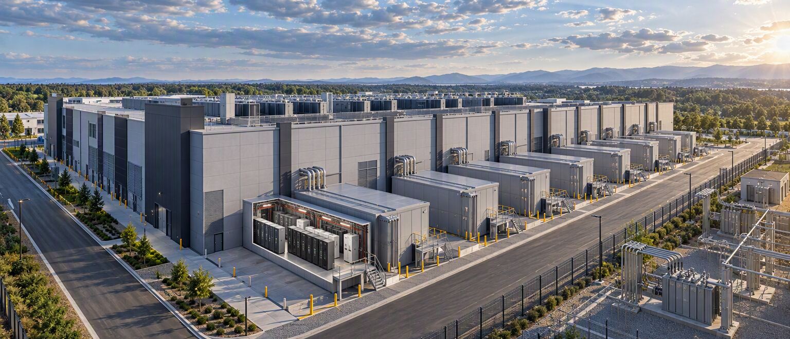 Large data center facility with multiple exterior cooling units and a partial interior view of server cabinets.