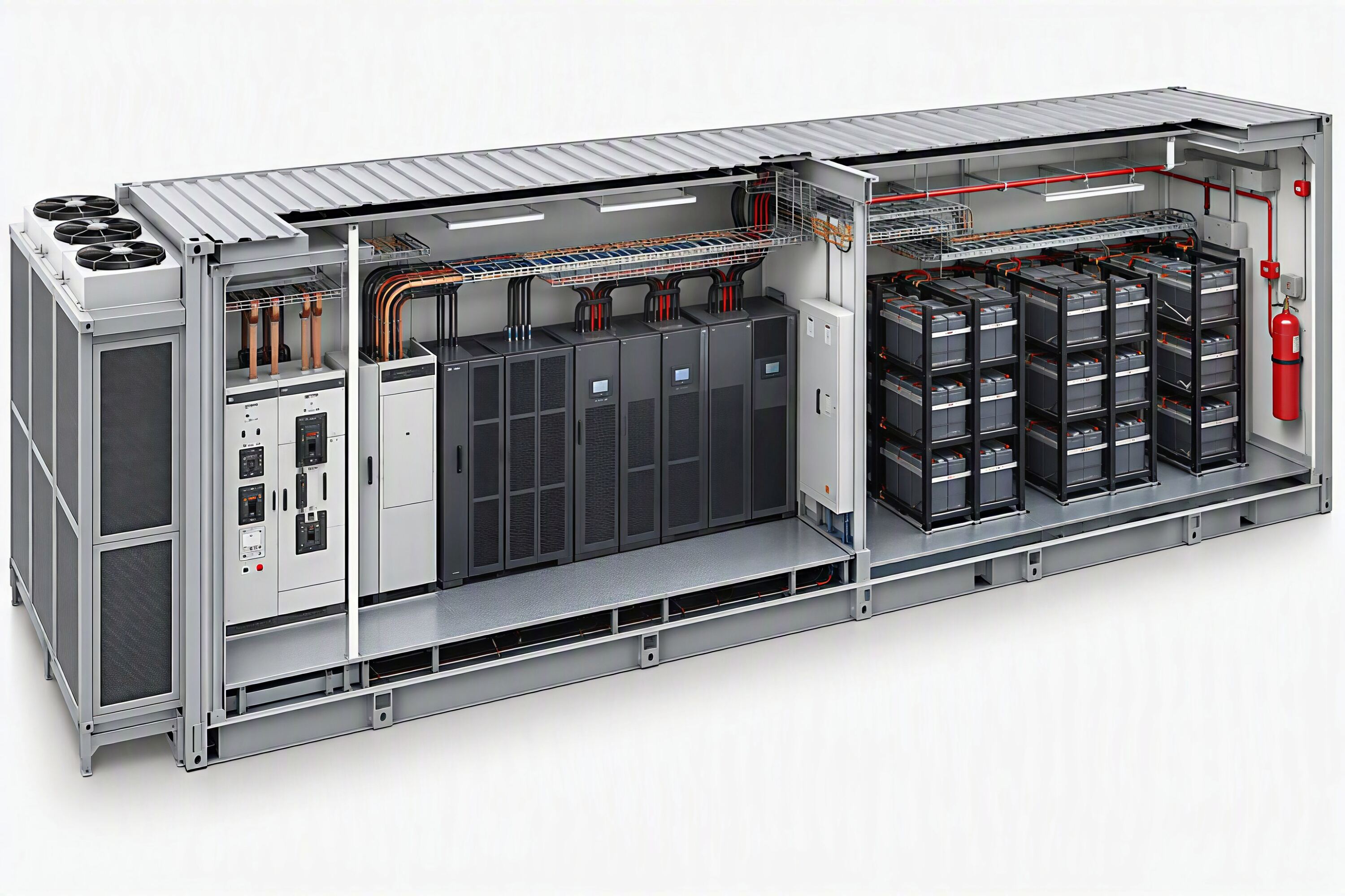 Cutaway view of a modular container housing industrial UPS units and battery racks.